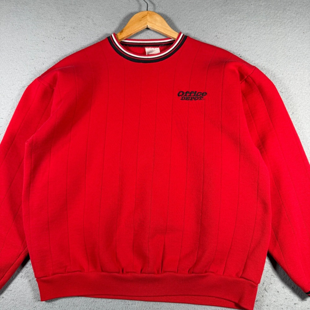 Vintage Office Depot Red Ribbed Ringer‎ Crewneck Sweatshirt Embroidered Logo